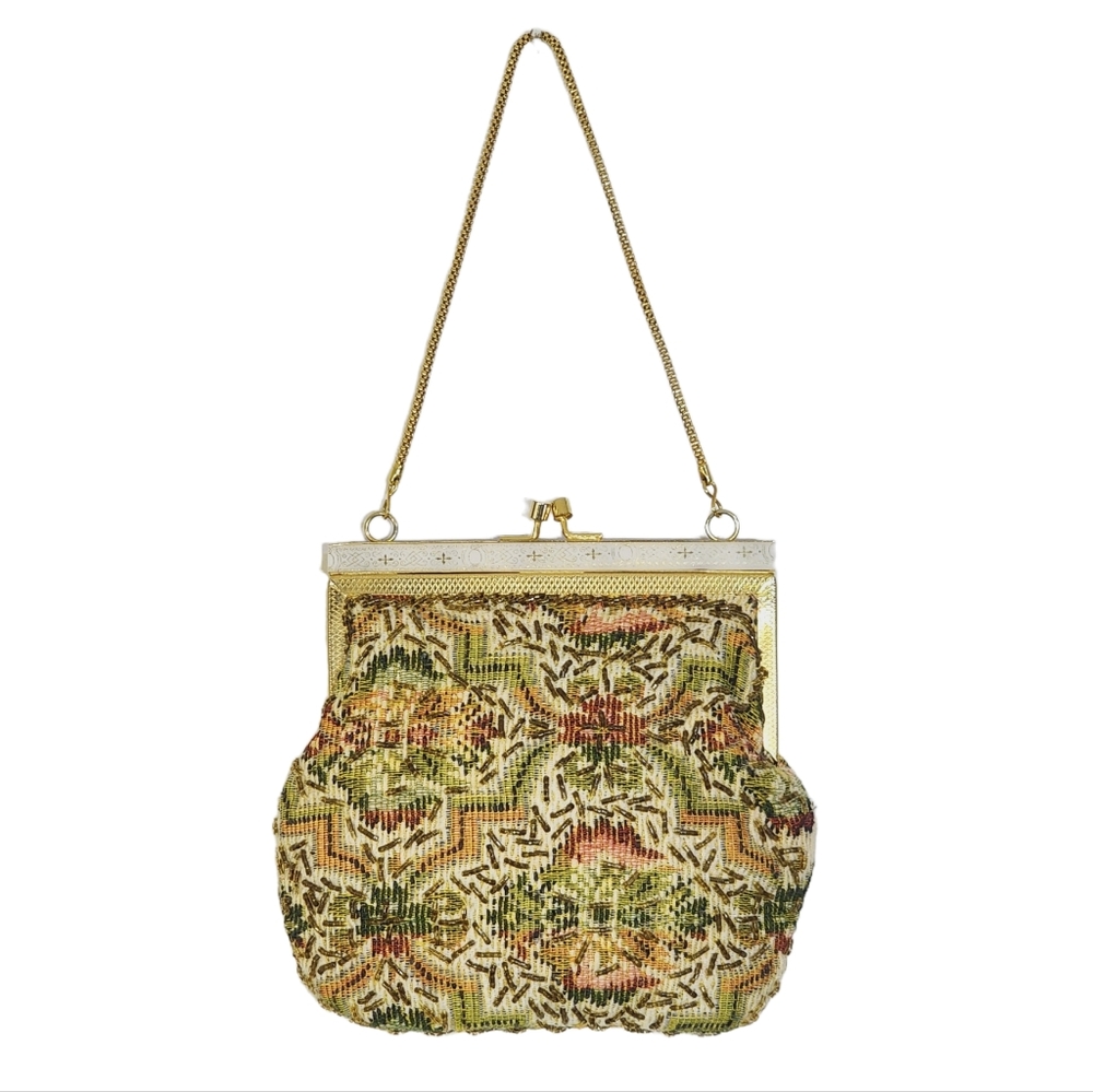 Vintage Walborg Rare 1950s 60s Hand Beaded Tapestry Bag Kiss lock Chain Strap